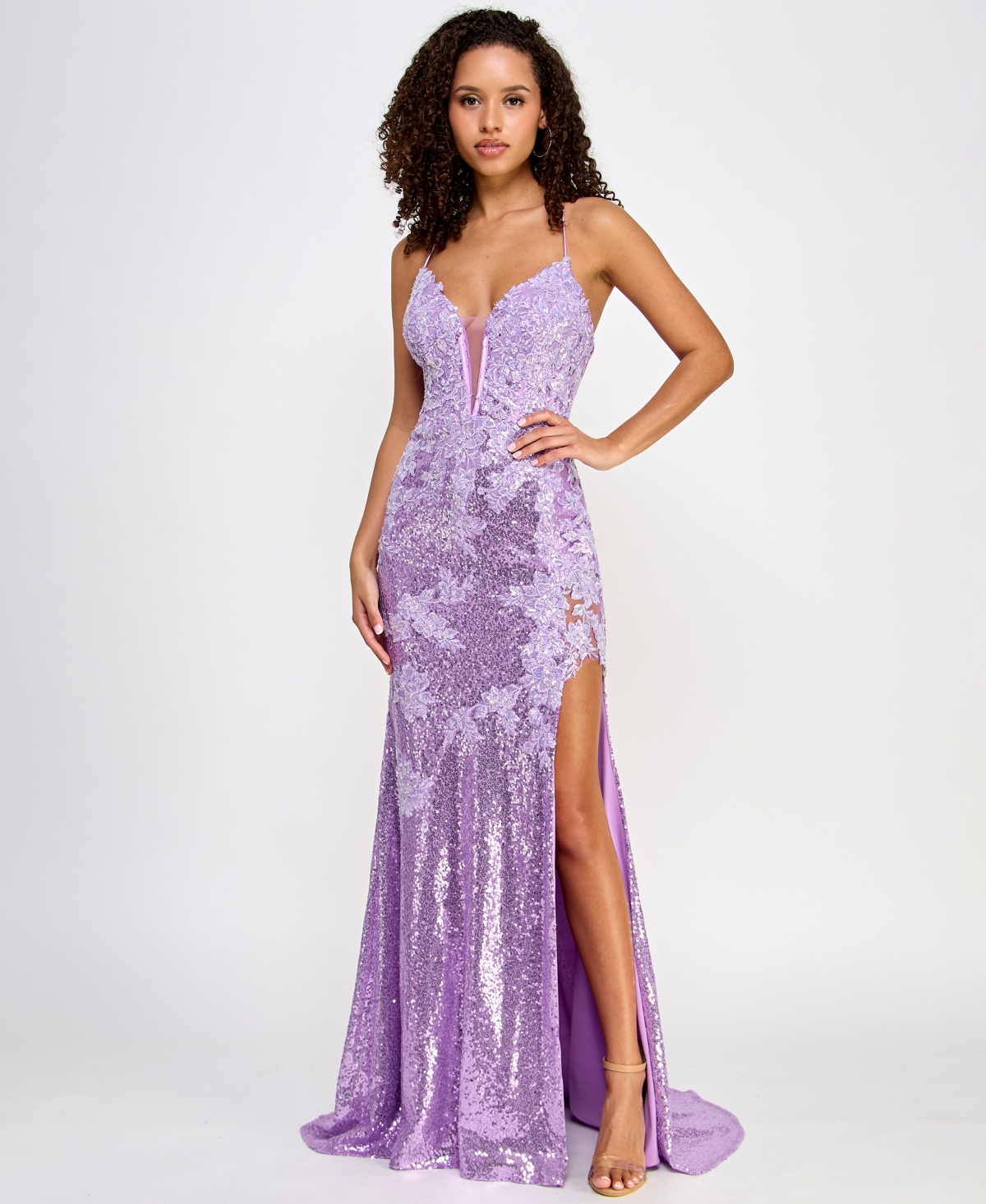 Juniors' Floral-Sequin High-Slit Strappy Gown, Created for Macy's - Lilac/Lilac