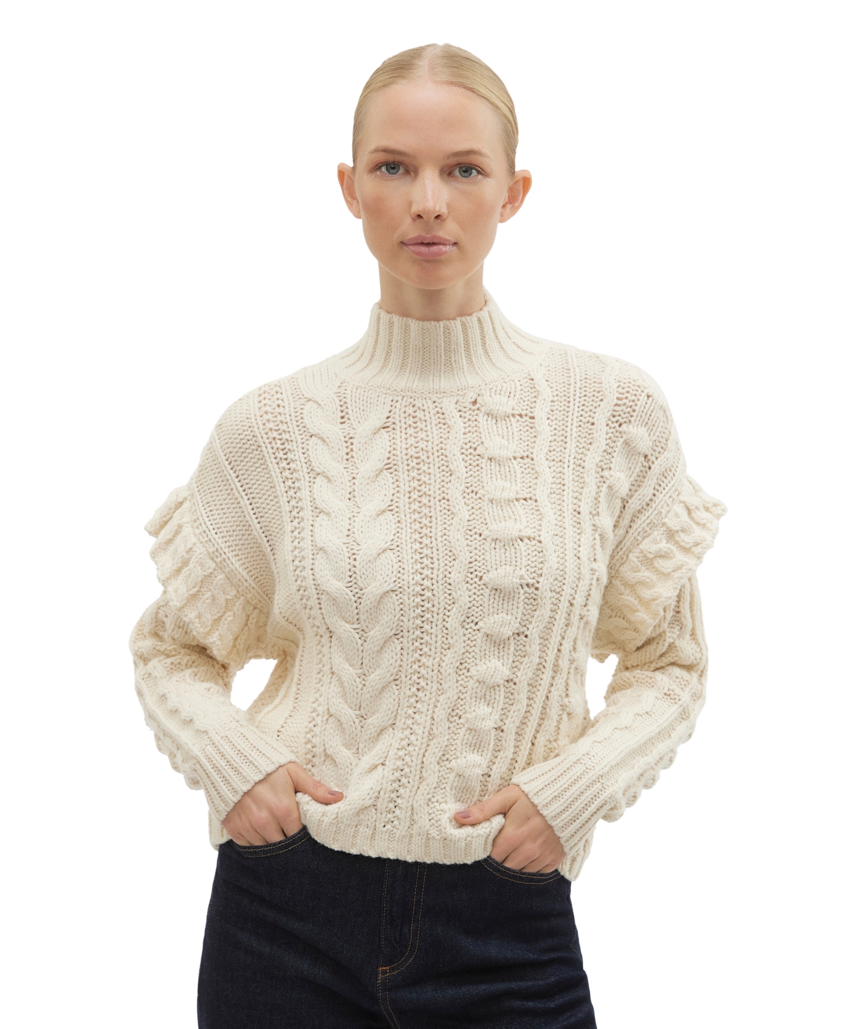 Women's High-Neck Long-Sleeve Ruffle-Trim Sweater - Birch