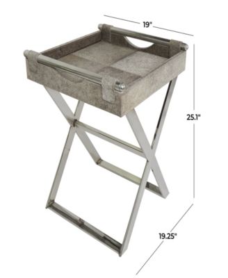 19" x 19" x 25" Leather Geometric Tray Table Inspired Silver-Tone Metal Base and Handles Accent Table