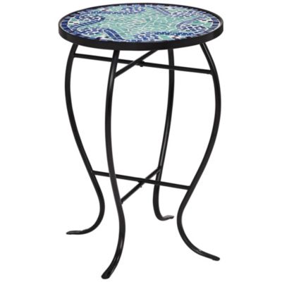 Modern Black Round Outdoor Accent Side Table 14" Wide Light Green Mosaic Tabletop for Front Porch Patio House Balcony