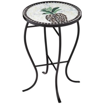 Beige Pineapple Modern Black Metal Round Outdoor Accent Side Table 14" Wide Black Glass Mosaic Tabletop Gracefully Curved Legs for Front Porch Patio Home House Balcony Deck Shed - Teal Island Designs