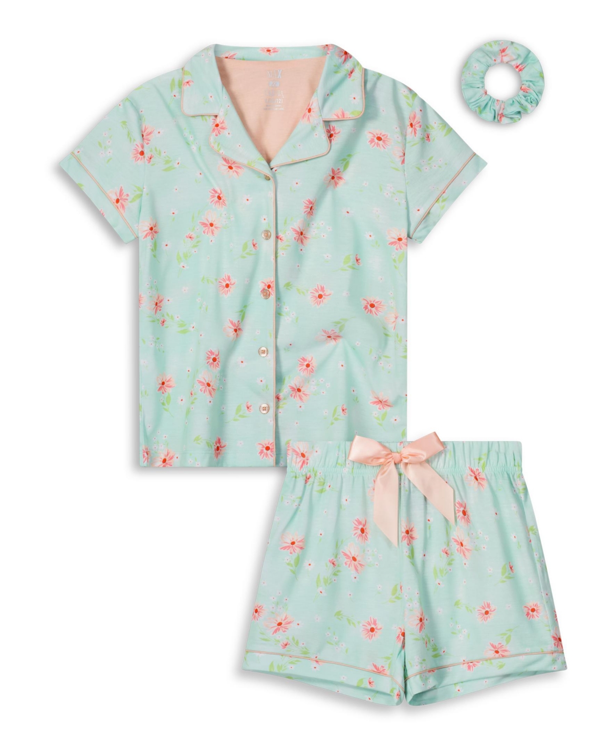 Shop Max & Olivia Girls Soft Jersey Fabric Shorts Pajama Set With Scrunchie, 3 Piece In Turquoise