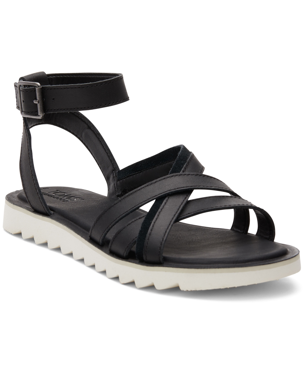 Shop Toms Women's Rory Ankle-strap Flat Tread Sandals In Black Leather