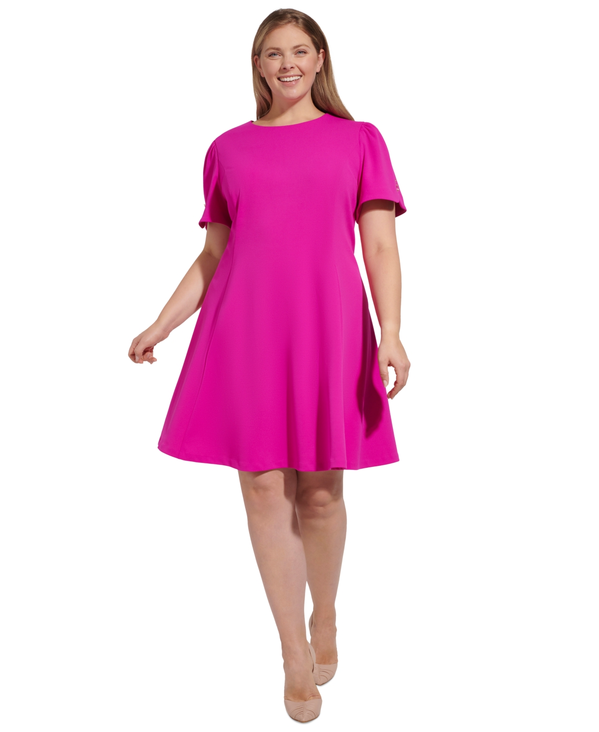Plus Size Button-Trim Fit & Flare Dress - Power Pink