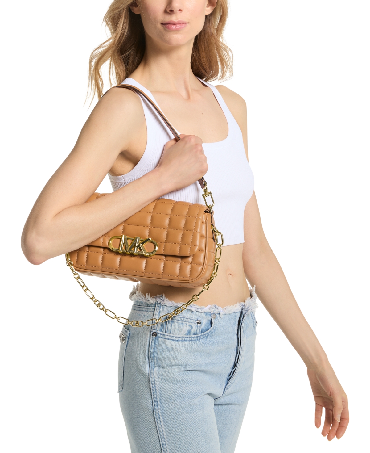 Shop Michael Kors Michael  Parker Medium Leather Convertible Pouchette Shoulder Bag In Pale Peanut