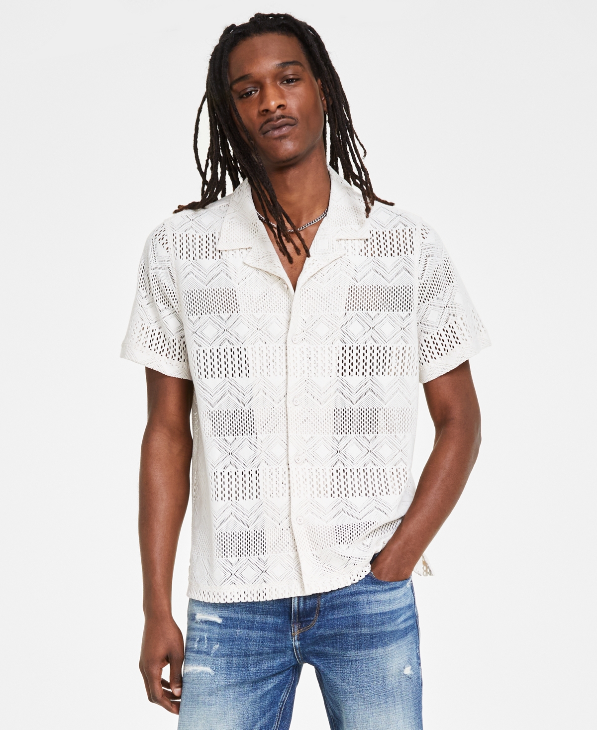 Men's Short-Sleeve Geometric Crochet-Knit Shirt - Black