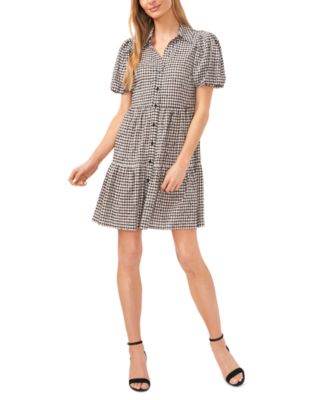 CeCe - Women's Puff-Sleeve Gingham Babydoll Mini Dress