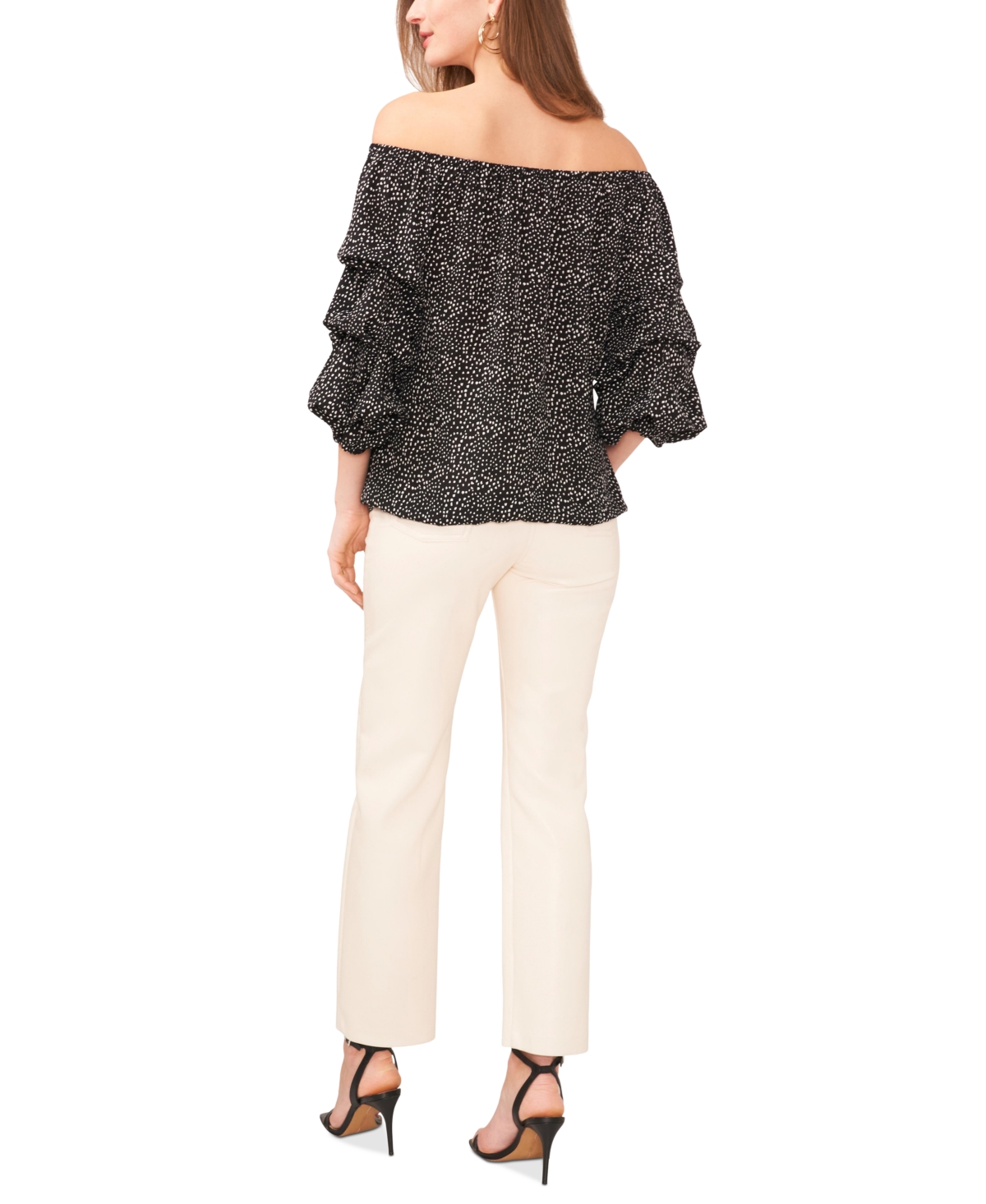 Shop Vince Camuto Women's Printed Off The Shoulder Bubble Sleeve Tie Front Blouse In Rich Black