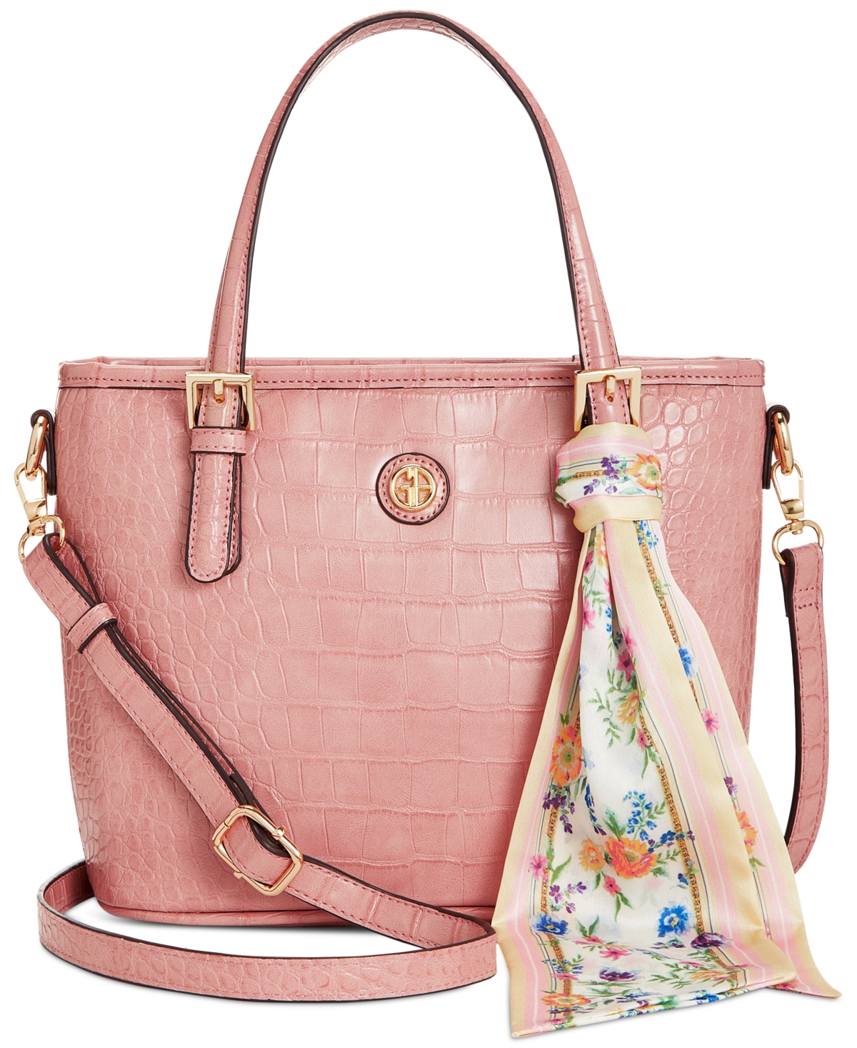 Shop Giani Bernini Faux Croc Embossed Small Tote With Detachable Scarf, Created For Macy's In Dusty Pink