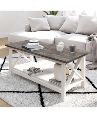 Matty Rustic Coffee Table With Lower Shelf, Farmhouse Style Solid Wood Accent Table