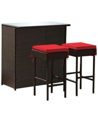 3-piece Rattan Wicker Bar Table Stools Dining Set Cushioned Chairs