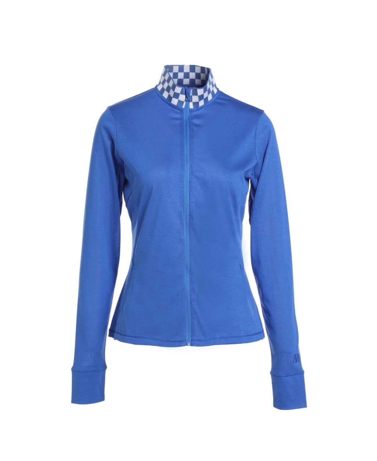 Belle mere Women's Checker Full-Zipper Long Sleeves Top - Blue