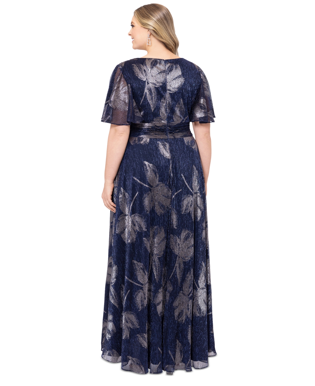Betsy & Adam Plus Size Metallic-print A-line Dress In Navy,gunmetal