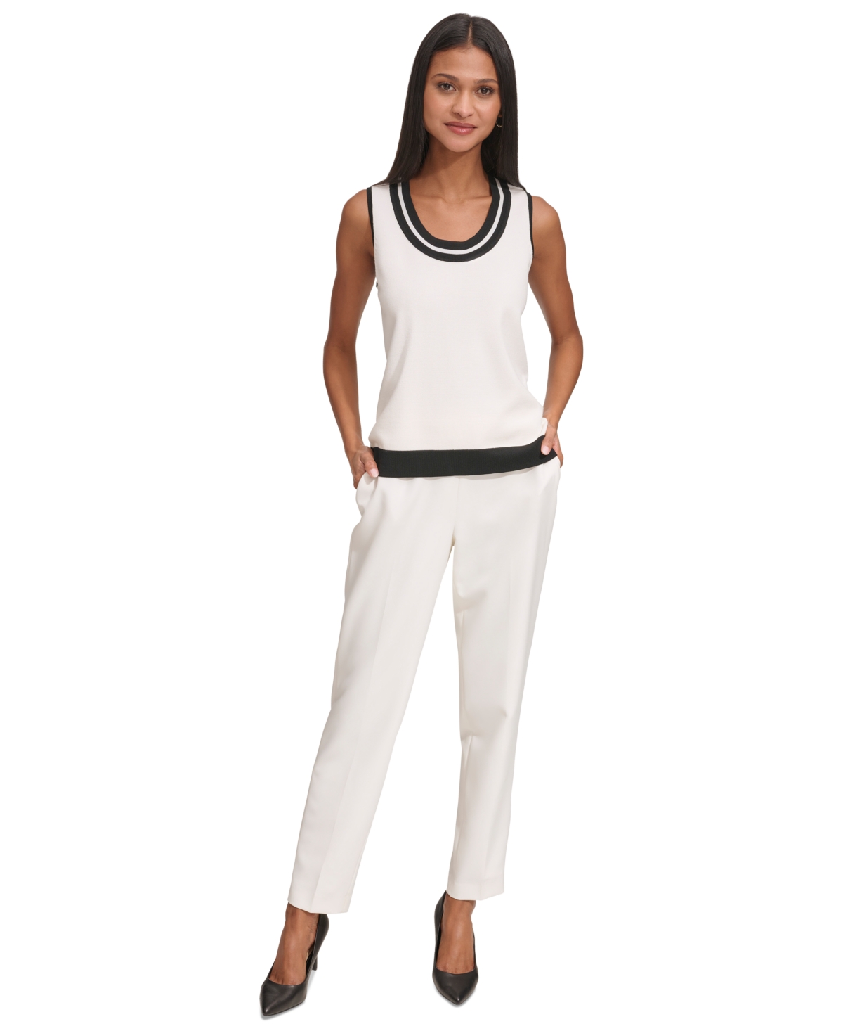 Karl Lagerfeld Women's Scoop-Neck Sleeveless Knit Top with Contrast Trim - Soft White/Black