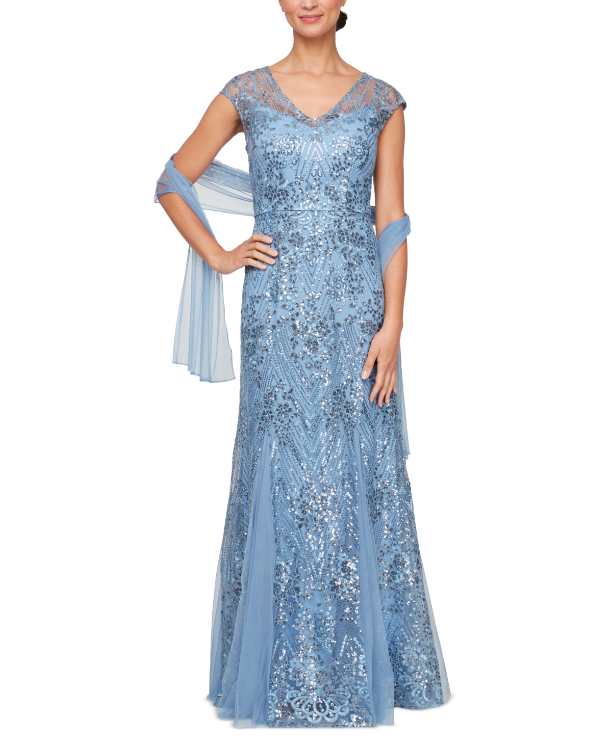 ALEX EVENINGS WOMEN'S EMBELLISHED CAP-SLEEVE GOWN & SHAWL