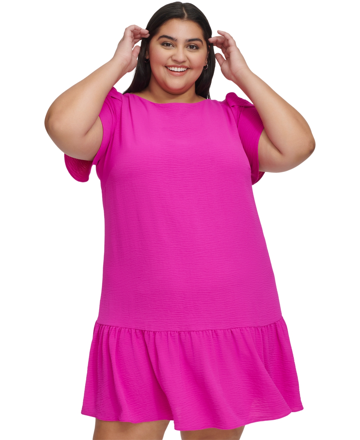Shop Dkny Plus Size Tulip-sleeve Ruffled-hem Shift Dress In Power Pink