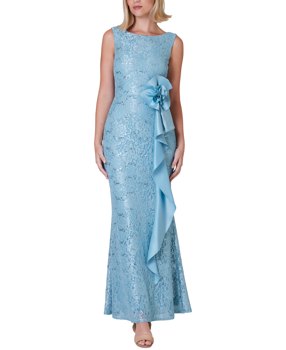 Women's Lace Rosette Sash Gown - Seafoam