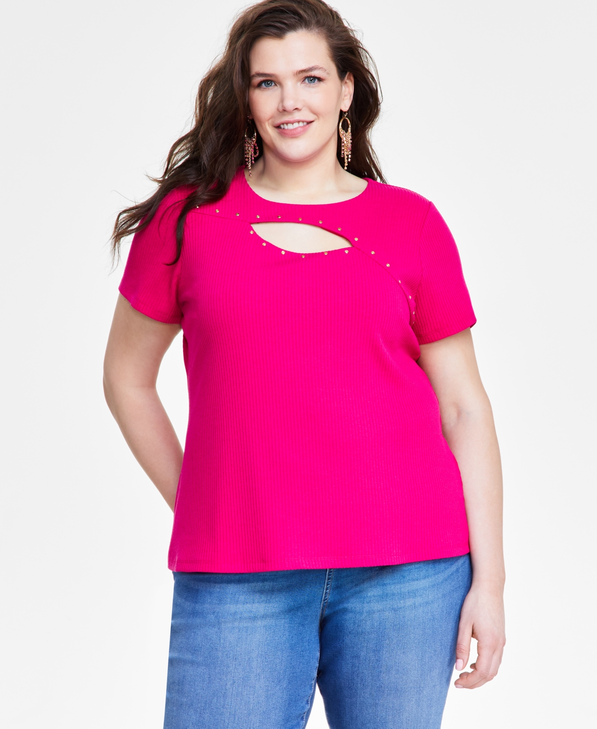 Plus Size Studded Cutout Top, Created for Macy's - Pink Tutu