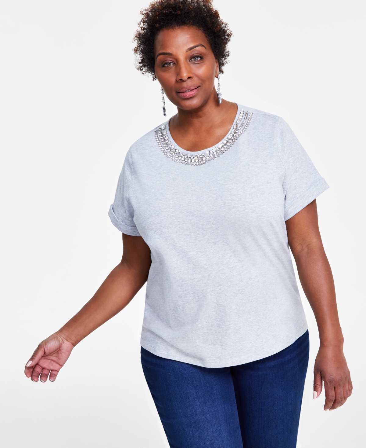 Plus Size Cotton Embellished Tee, Created for Macy's - Heather Belle Grey