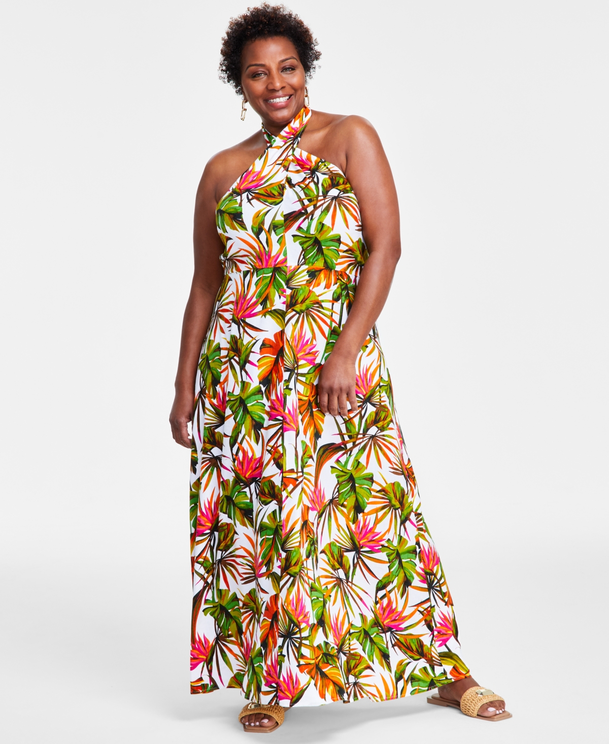 Plus Size Halter Maxi Dress, Created for Macy's - Tropical Garden White