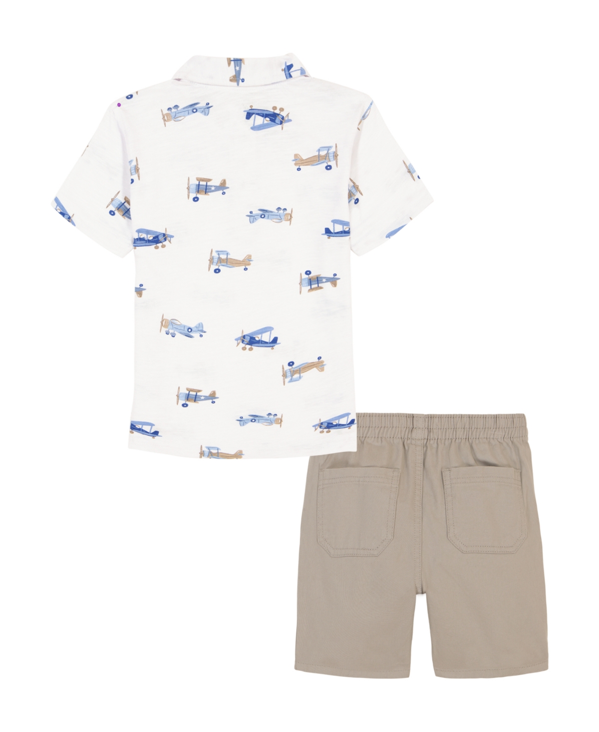 Shop Kids Headquarters Little Boys Short Sleeve Printed Slub Polo Shirt And Twill Shorts, 2 Piece Set In Khaki