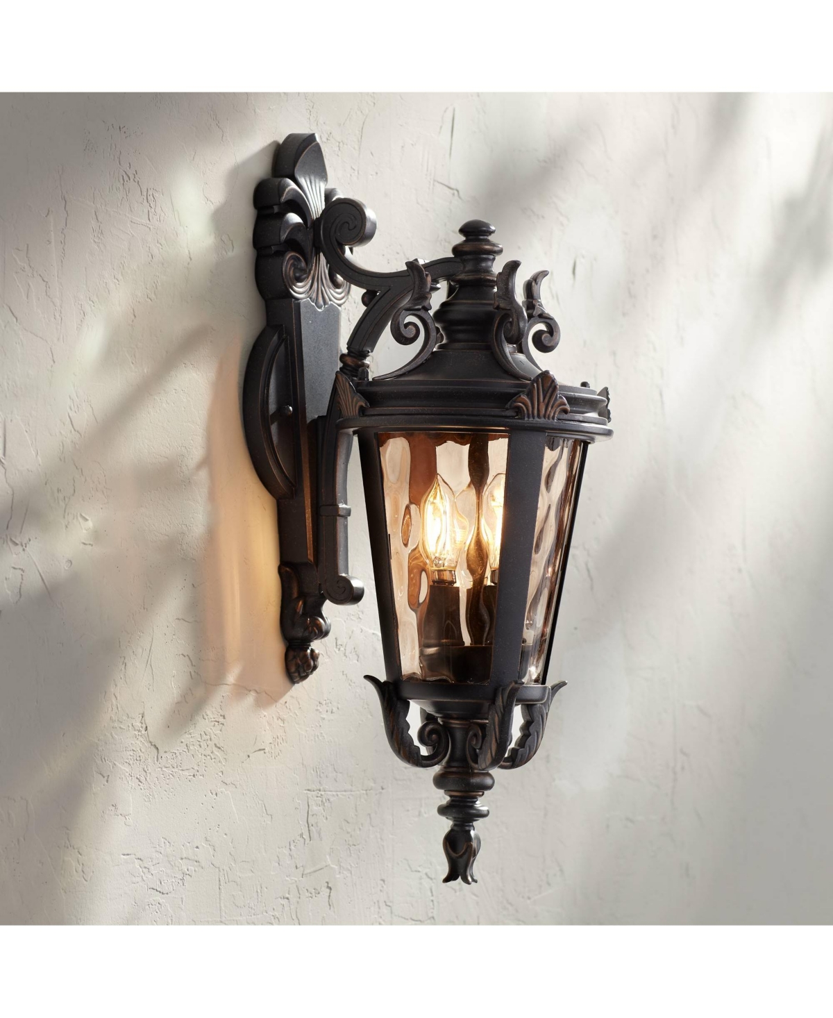 Casa Marseille European Outdoor Wall Light Fixture Bronze Scroll 21 3/4" Champagne Hammered Glass for Exterior House Porch Patio Outside Deck Garage F