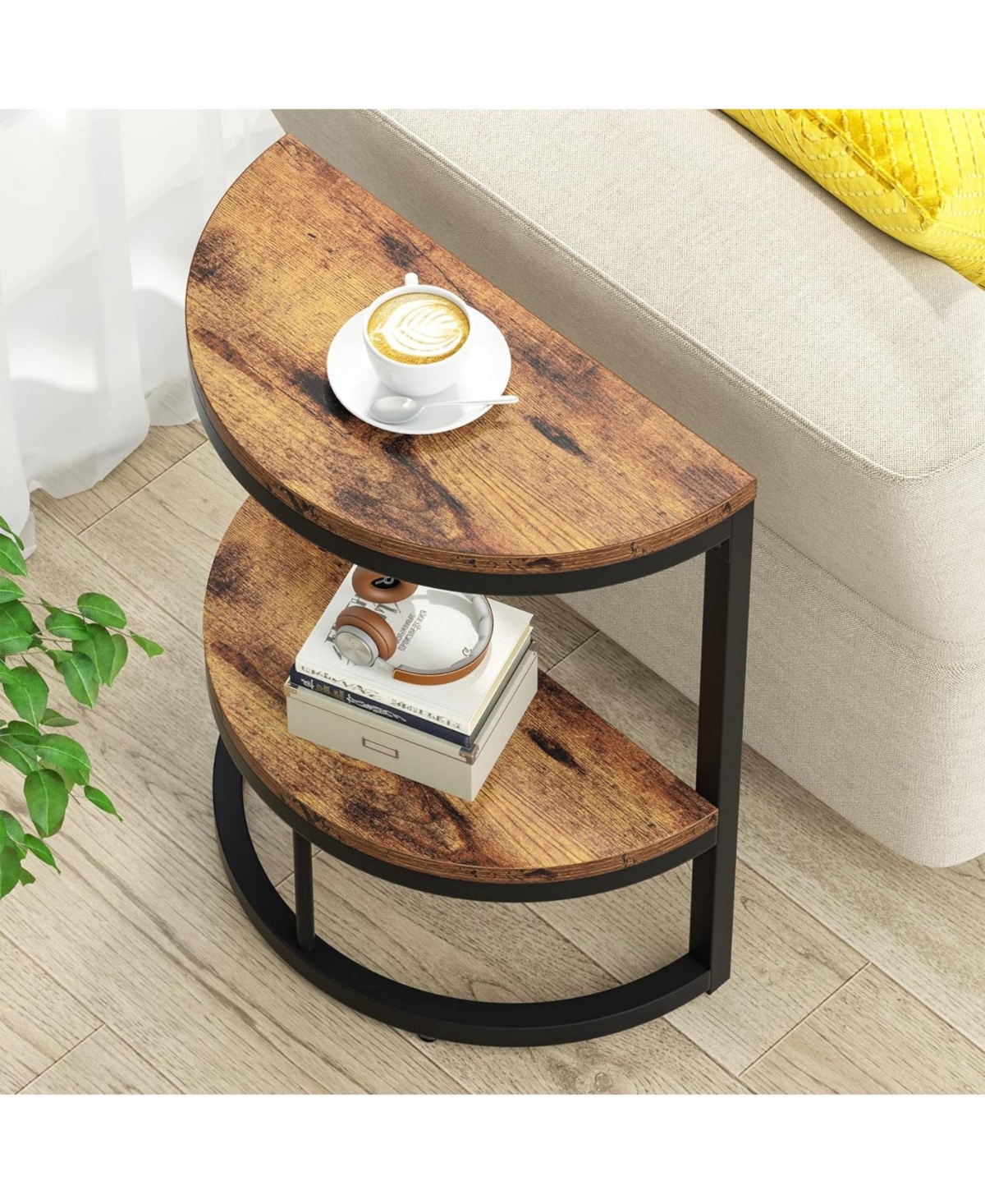 Tribesigns 2-Tier End Table Semi Circle, Small Half Round Side Tables Living Room with Storage Shelf for Small Space - Rustic brown and black