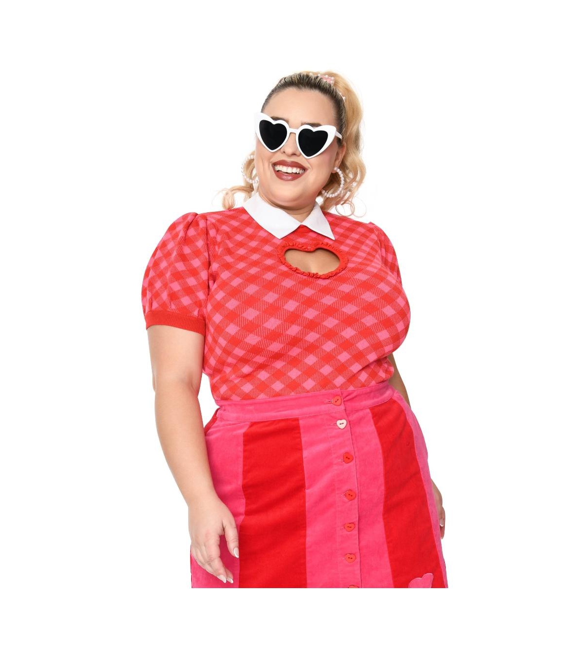 Plus Size Printed Heart Cutout Knit Sweater - Red/pink bias gingham