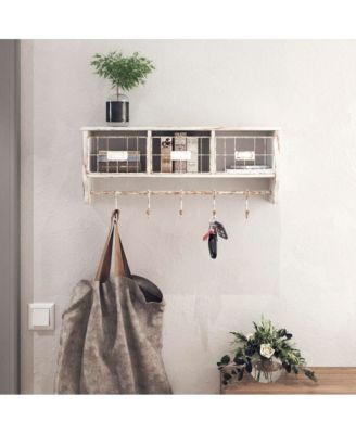 Rustic Coat Rack Wall Mounted Shelf With Hooks & Baskets, Entryway Organizer Wall Shelf With 5 Coat Hooks And Cubbies