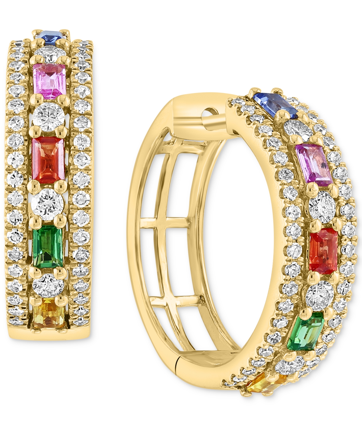 Effy Multi-Sapphire (3/4 ct. t.w.) & Diamond (5/8 ct. t.w.) Small Hoop Earrings in 14k Gold, 0.75" - Yellow Gold
