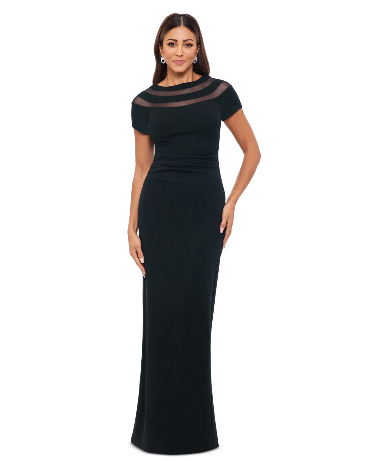 Xscape Women's Illusion-neck Ruched-back Scuba Crepe Gown In Black