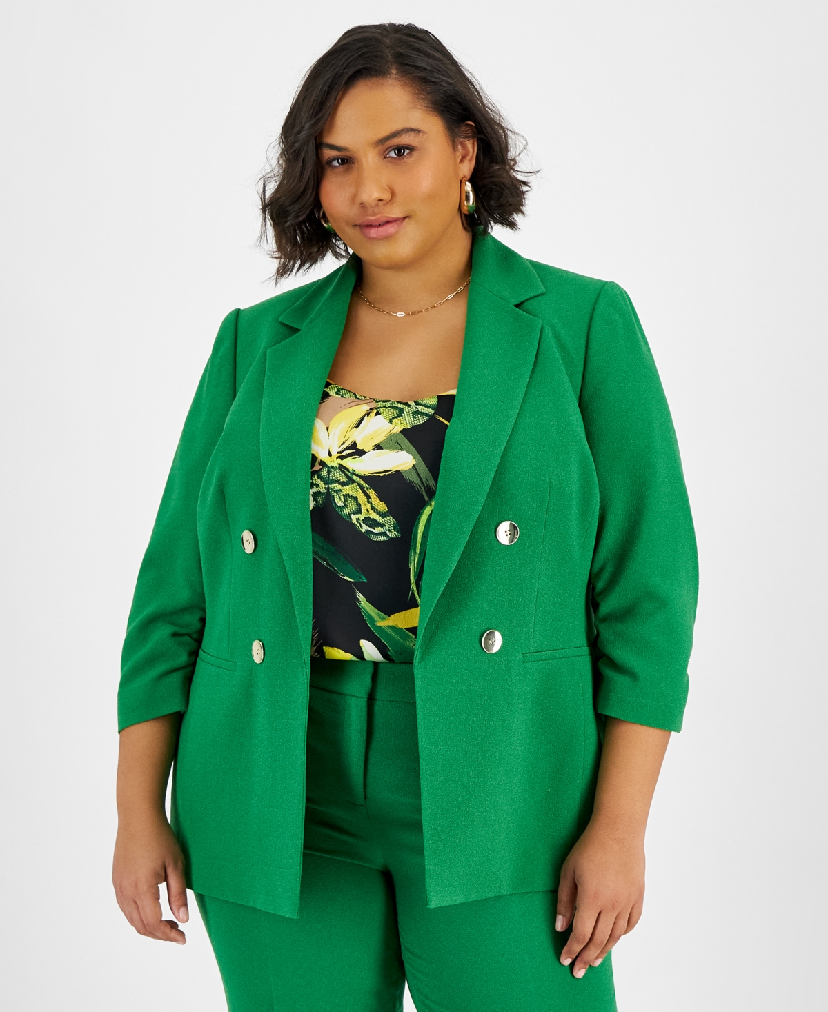 Plus Size Faux Double-Breasted Ruched-Sleeve Blazer, Created for Macy's - Green Chili