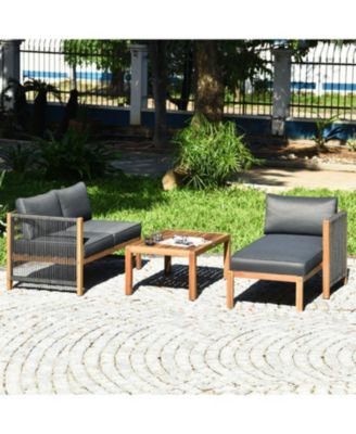 3 Pieces Patio Acacia Wood Sofa Furniture Set with Nylon Rope Armrest