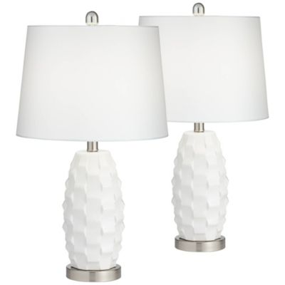 LED Modern Coastal Accent Table Lamps 24 1/2" High Set of 2 Scalloped White Ceramic Drum Shade for Bedroom Living Room Bedside Nightstand