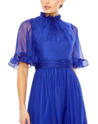Women's Ruffled High Neck Flutter Sleeve High Low Hem Gown
