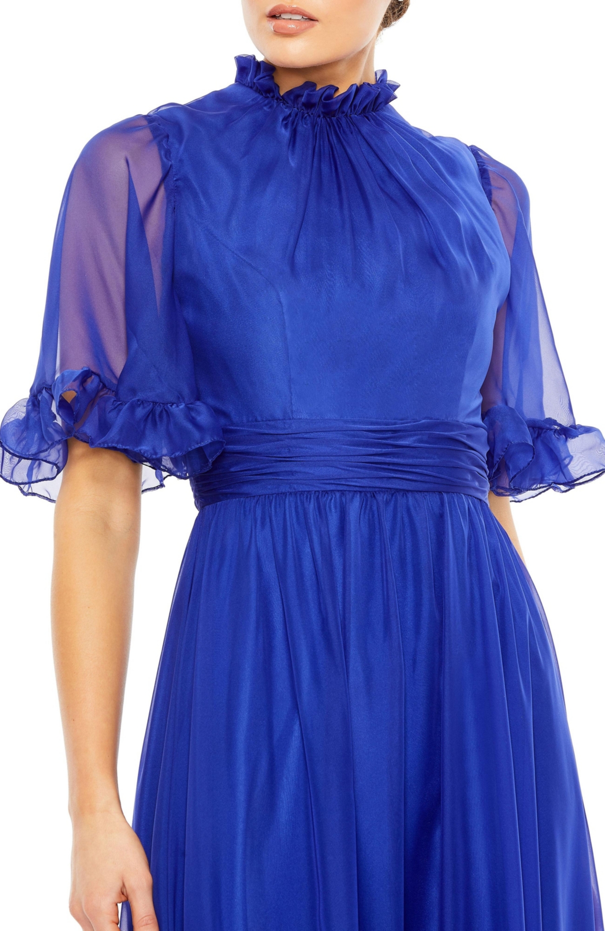 Women's Ruffled High Neck Flutter Sleeve High Low Hem Gown