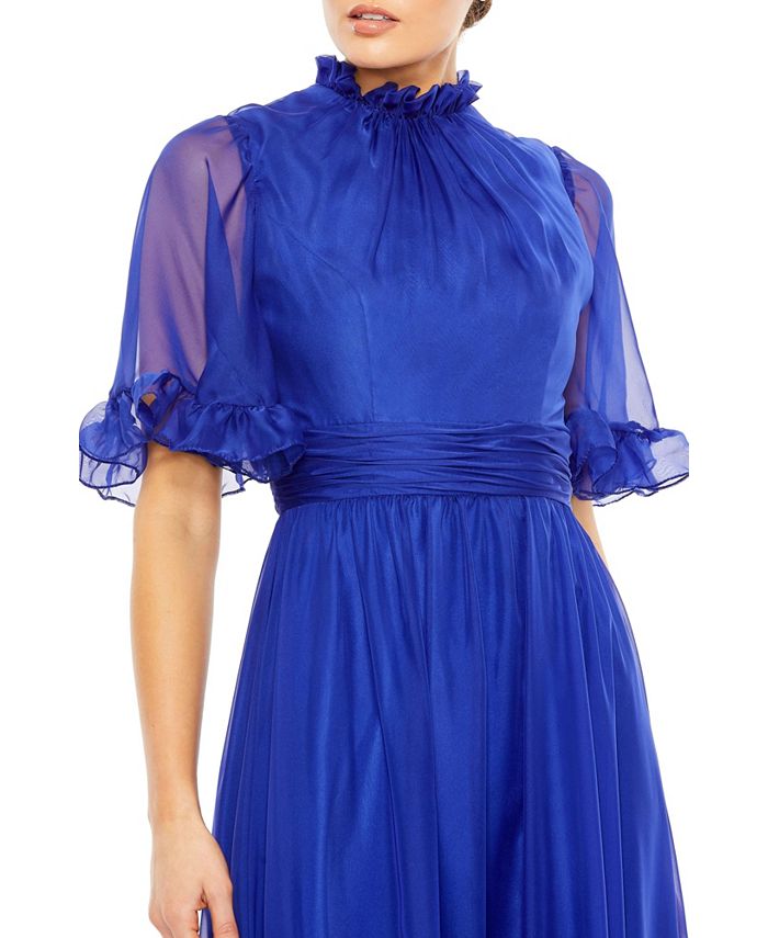 Mac Duggal Women's Ruffled High Neck Flutter Sleeve High Low Hem Gown ...