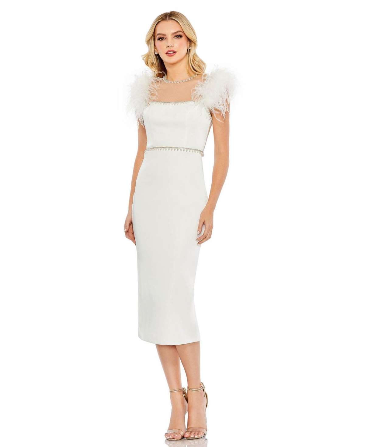 Women's Feather Cap Sleeve Pearl Embellished T-Length Fit Dress - White