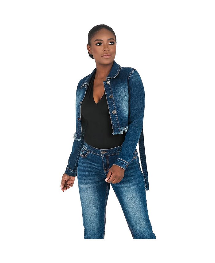 Poetic Justice Women's Curvy Fit Frayed Hem Indigo Tinted Cropped Jean  Jacket - Macy's