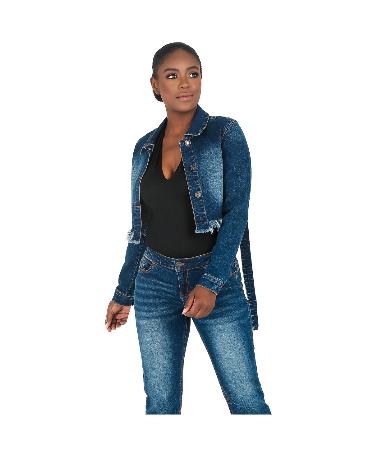 Women's Curvy Fit Frayed Hem Indigo Tinted Cropped Jean Jacket - Blue
