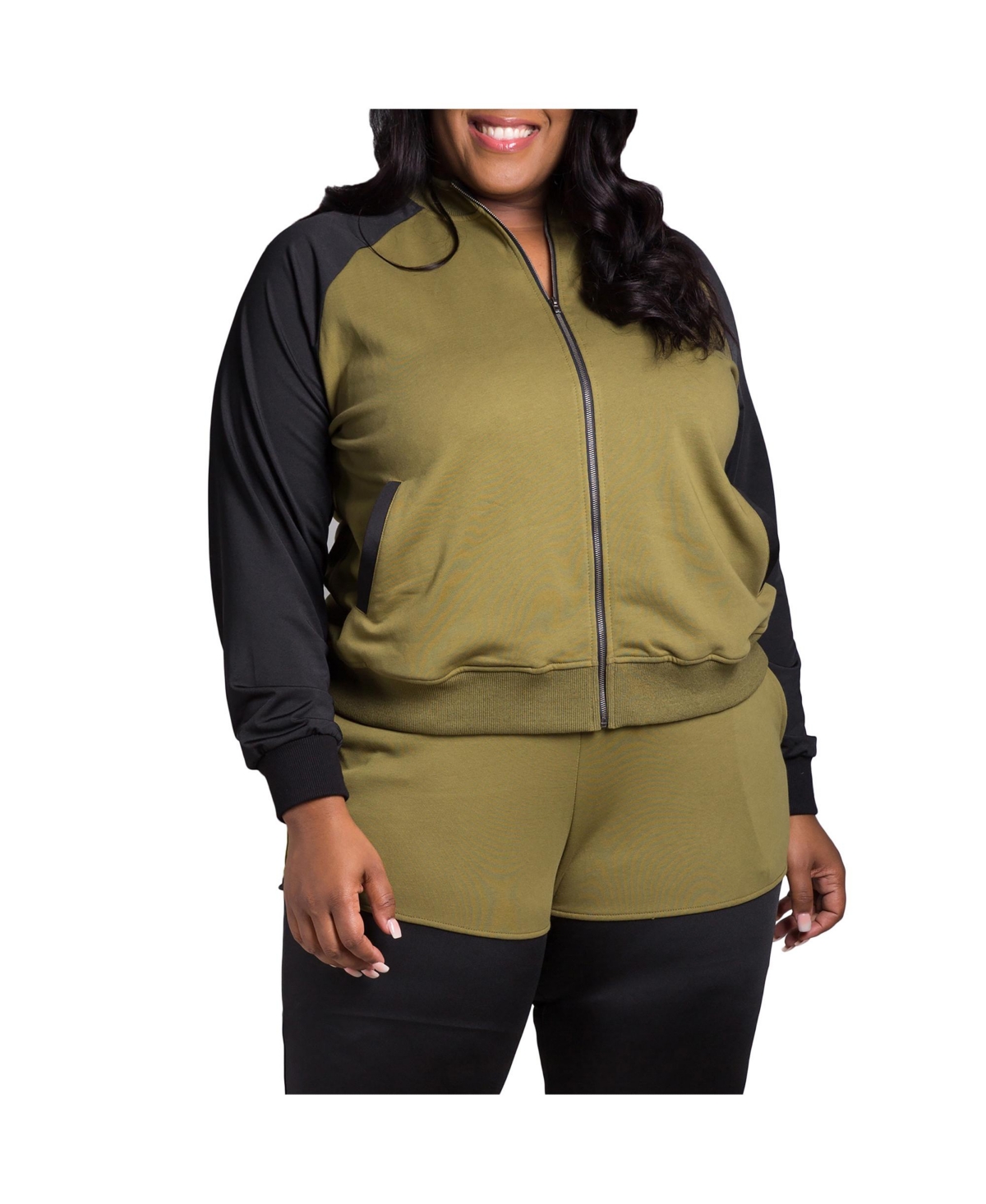 Women's Plus Size Curvy Fit Zip Up Contrast Blocked Sweatshirt Jacket - Light olive