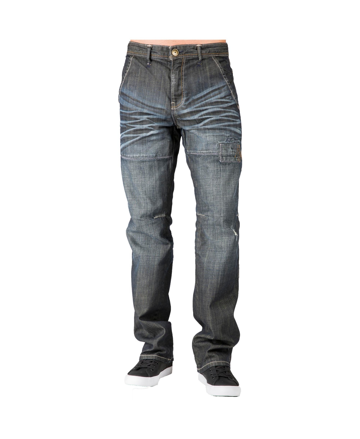 Men's Relaxed Straight Premium Jeans Vintage-like Whisker Ripped & Repaired - Blue collar