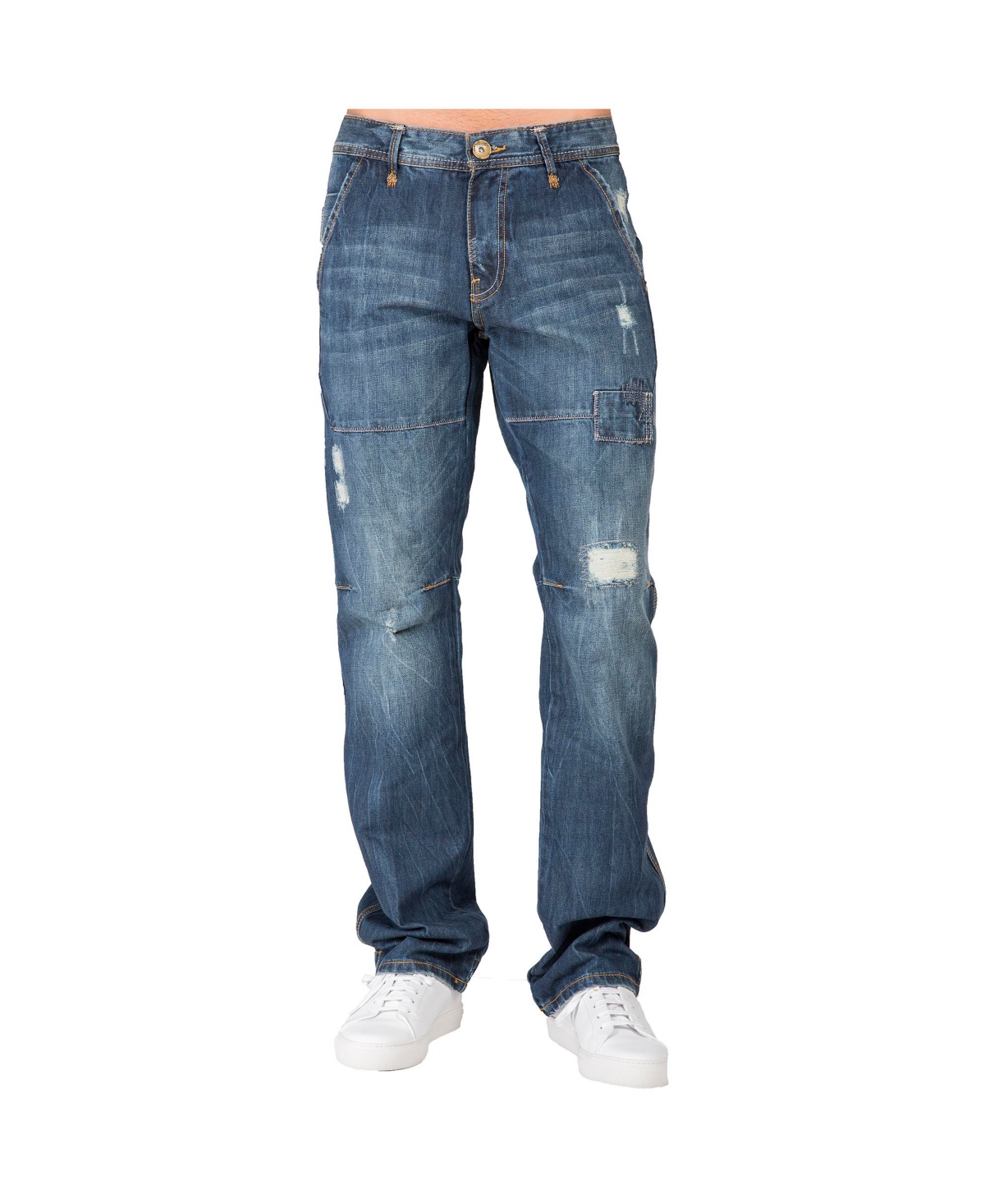 Men's Relaxed Straight Premium Jeans Vintage-like Whisker Ripped & Repaired - Blue collar