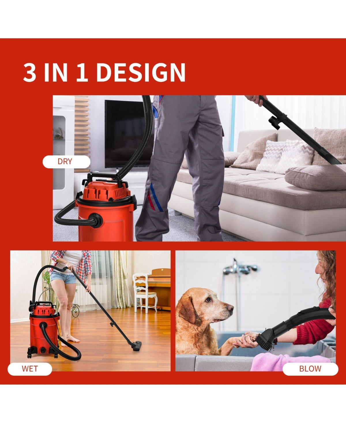 3 in 1 Gallon 4.8 Peak Hp Wet Dry Vacuum Cleaner with Blower