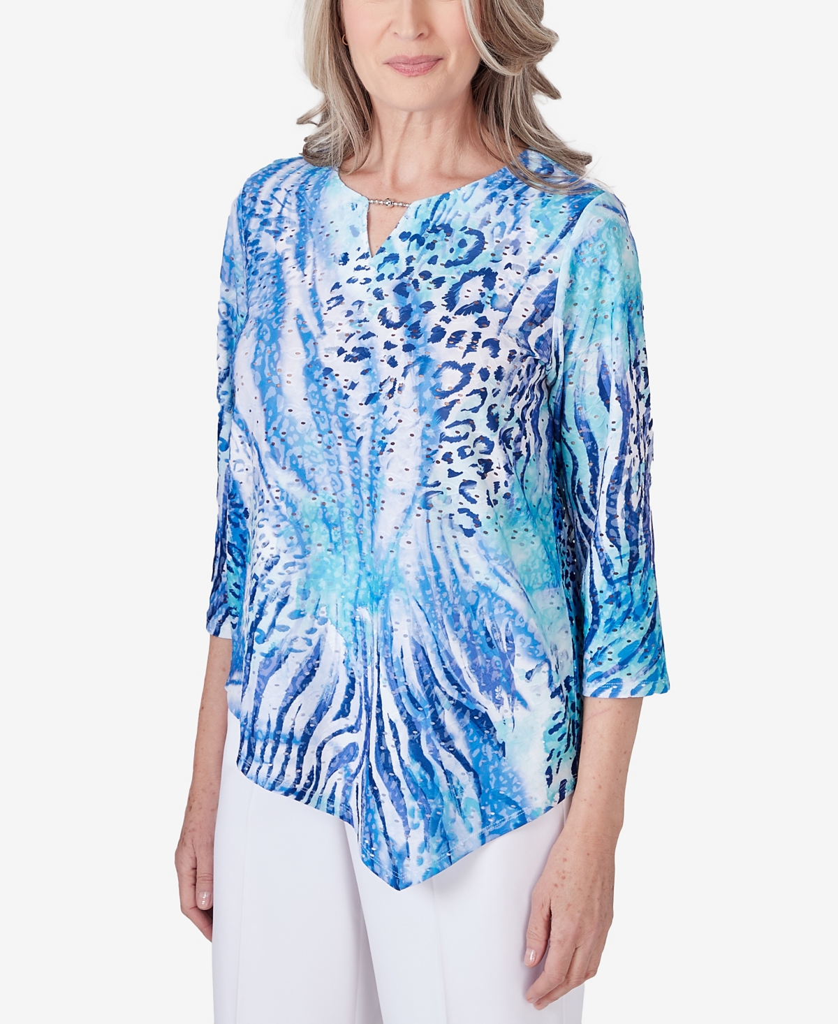 Alfred Dunner Women's Paradise Island Animal Print Eyelet Top