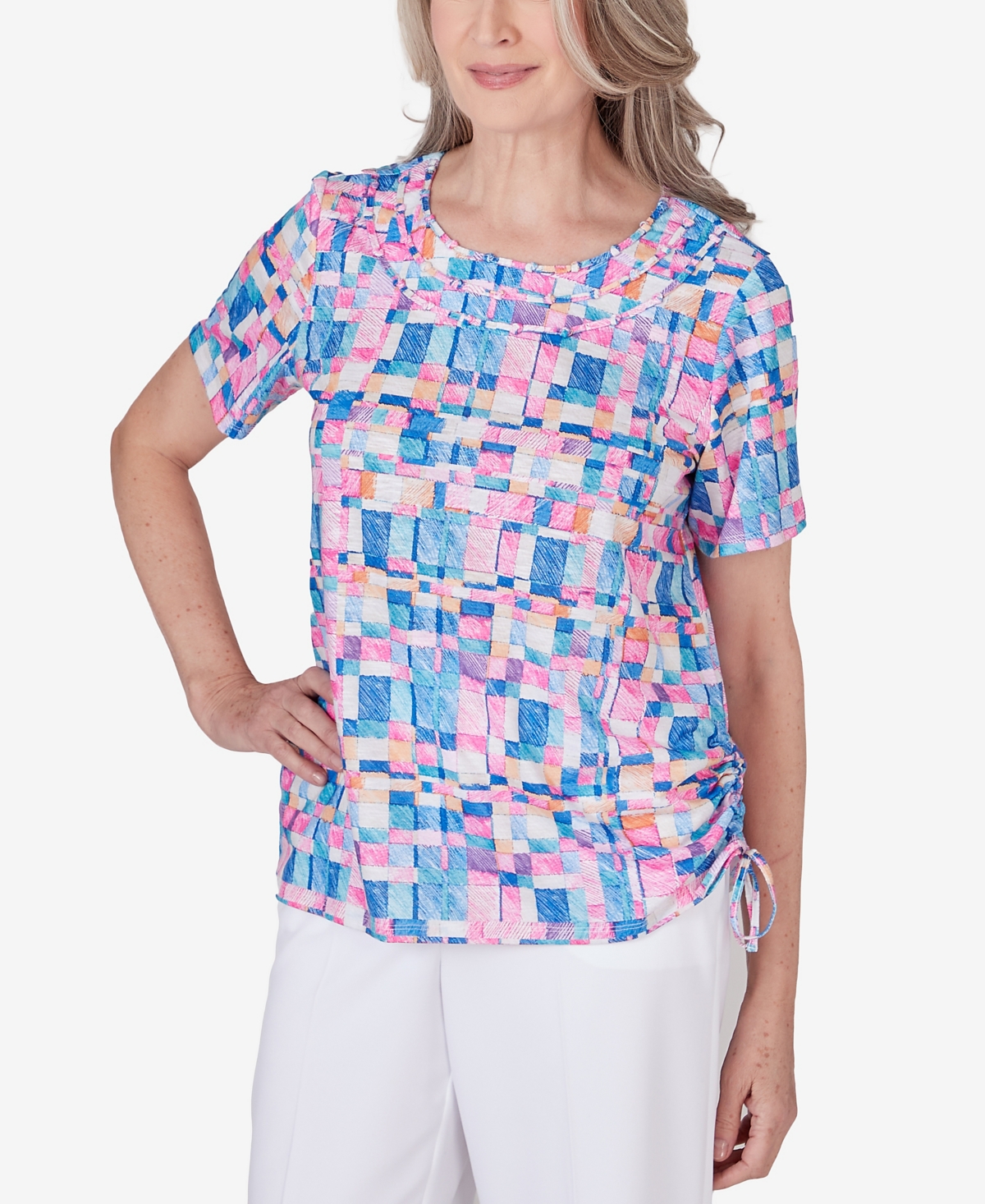 Alfred Dunner Women's Paradise Island Braided Neckline Geometric Top