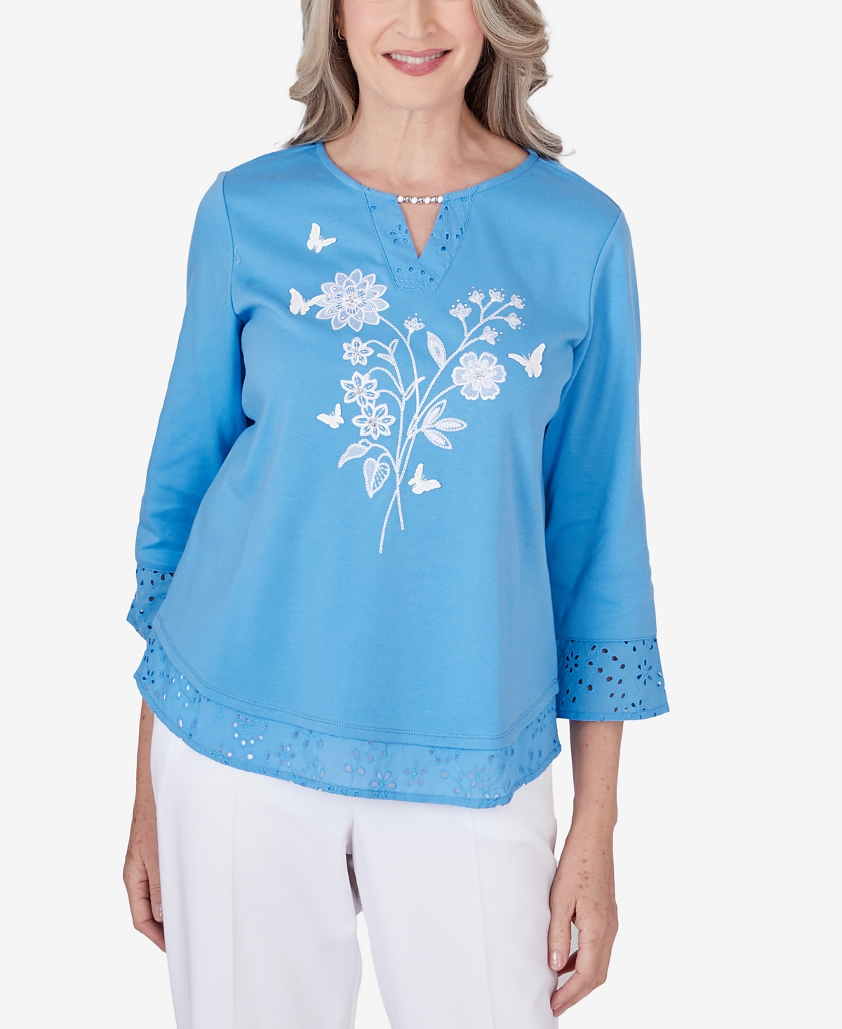 Shop Alfred Dunner Women's Paradise Island Floral Embroidery Eyelet Details Top In Periwinkle