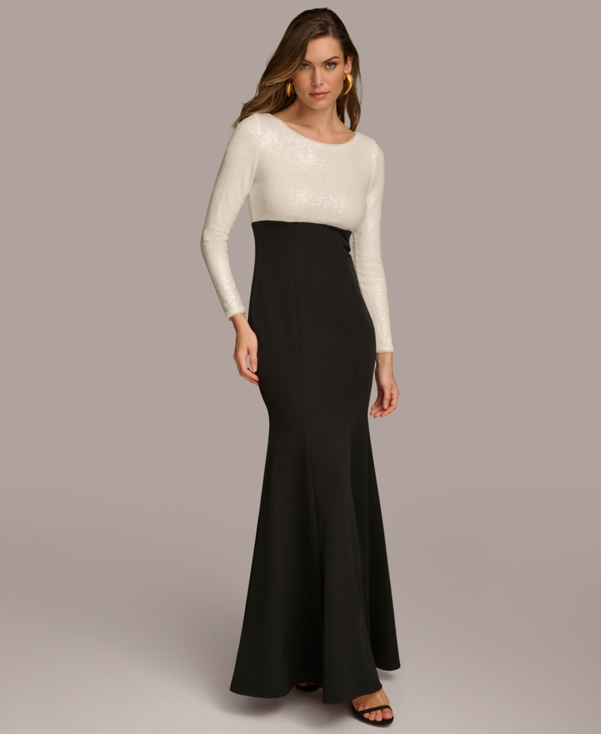 Women's Long-Sleeve Sequin Top Gown - Ivory/Black