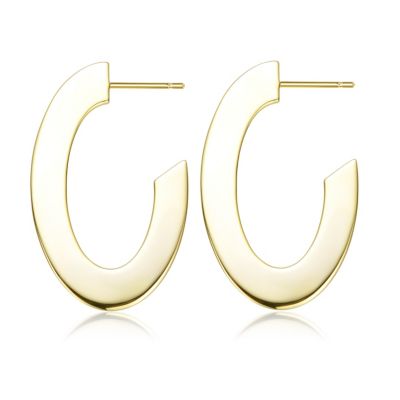Stylish 14K Gold Plated Ribbed Narrow Open Circle Hoop Earrings