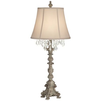 Duval Traditional Table Lamp 34" Tall Distressed Antique White Candlestick Crystal Beige Fabric Bell Shade for Bedroom Living Room Home